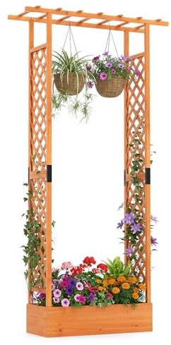 HOMASIS Bac de Jardin Surélevé avec Toit Plat et Treillis Latéral, Jardinière 2-en-1 en Bois de Sapin avec Trous de Drainage, pour Plantes Grimpantes, Fleurs, Légume (Orange,110x35x227cm)