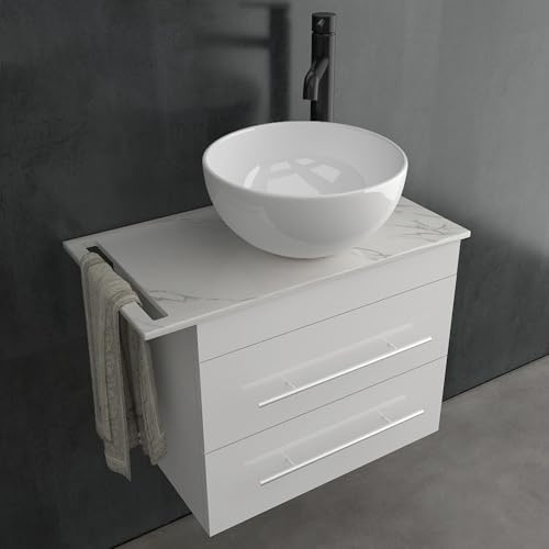 Alpenberger Aufsatzwaschbecken mit Unterschrank 60 cm Weiß | Gäste WC Waschbecken mit Unterschrank | Badmöbel Set mit Keramik Waschtischplatte (mit Calacatta Platte, ohne Spiegel)