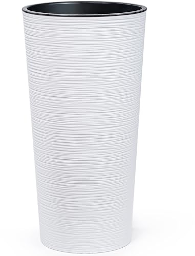 KONZEPT Blumentopf hoch 57 cm mit Einsatz – Pflanzkübel groß in Meißel-Optik, Übertopf 29,5 cm Durchmesser aus Kunststoff, UV- & wetterbeständig, für Innen & Außen, Weiß