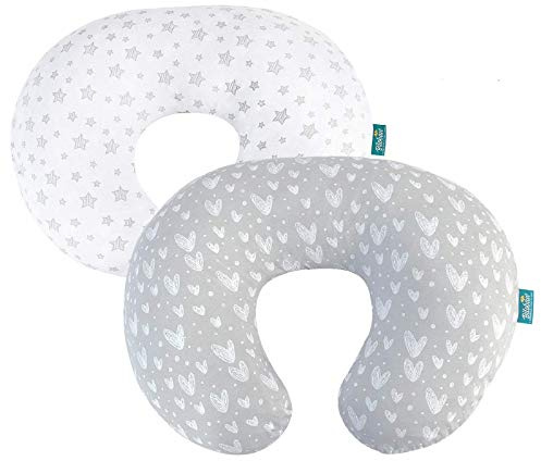 Nursing Pillow Cover 2 Pack Compatible with Boppy Pillow, 100% Jersey Cotton with Large Zipper Super Soft & Breathable & Skin Friendly for Moms/Kids, Grey & White