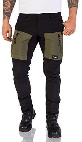Rock Creek Herren Softshell Hose Cargohose Outdoorhose Wanderhose Herrenhose Wasserdicht Skihose Arbeitshose Winter Hose H-196 Schwarz-DGrün 3XL