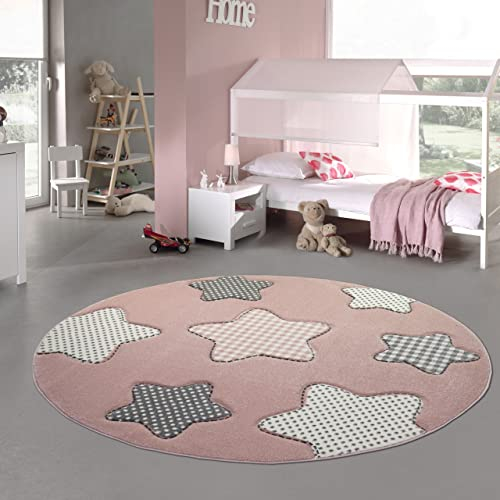 Teppich-Traum Kinderteppich Sterne Kinderzimmerteppich Mädchen in rosa Creme grau Größe 160 cm Rund