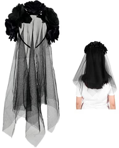 Flower Headband with Black Veil Ladies Gothic Rose Garland Headwear Halloween Christmas Fancy Dress Up Costume Hair Band Accessory for Wedding Bride Bridesmaid Birthday Party Photography Props