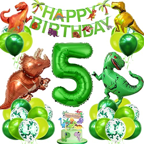 Dino Geburtstag Deko Set, 5 Jahre Kindergeburtstag Dino Ballons, XXL Dinosaurier Folienballon Grün, Zahlenballon 5 Geburtstag mit Happy Birthday Banner für Junge Mädchen Geburtstag Party Deko