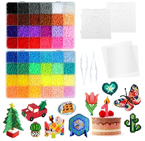 LIHAO 24000 PCS Fuse Beads 2.6mm Fuse Beads Kits 48 Color Iron Beads Set with 2 Pegboards 2 Tweezers 2 Ironing Papersfor DIY Craft Making