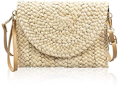 Grantop Women's Straw Clutch Purse, Beach Shoulder Tote Handbag with Adjustable Strap Natural Handmade Woven Straw Shoulder Bag Summer Purse Bag for Evening Party