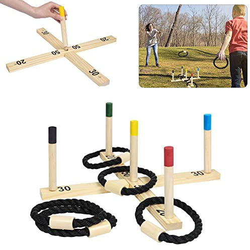 YZNAHRE Wurfspiel Ringwurfspiel Gartenspielzeug aus Kieferholz, Holzwurfspiel Holzspiel mit 5 Wurfringe & 5 Spielstäben