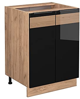 Vicco Küchenunterschrank Fame-Line, Schwarz-Eiche Hochglanz/Goldkraft Eiche, 60 cm ohne Arbeitsplatte