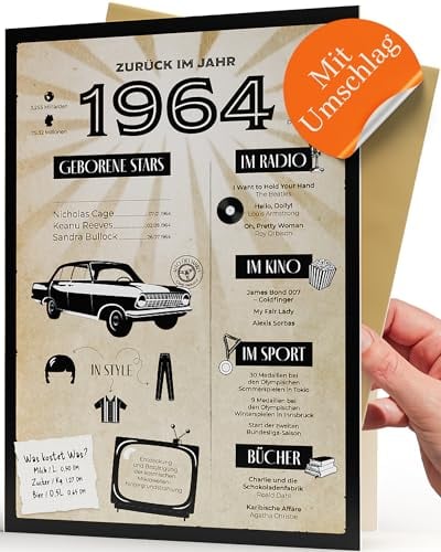 Geburtstagskarte 60 Mann & Frau - Besondere Karte 60 Geburtstag mit Umschlag -1964 Nostalgische Geburtstagsgeschenk für Frauen und Männer - 60 Geburtstag Frauen & Männer Lustige Geschenkidee