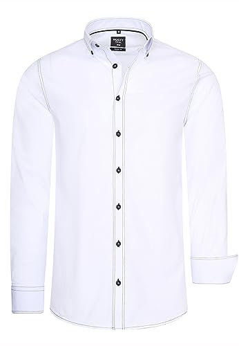 Rusty Neal Herren-Hemd Premium Slim Fit Langarm Stretch-Hemd mit Kontrast-Naht Freizeithemd 024, Farbe:Weiß, Größe S-3XL:M