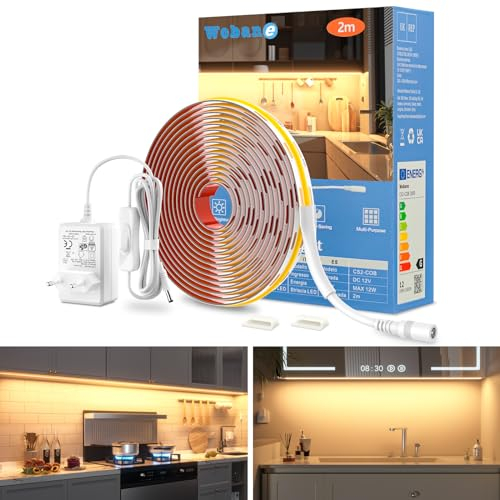 WOBANE Tira Led COB 2 Metros, Tiras Luces Led Blanca Cálido 3000K, Cinta Led con Fuente de Alimentación y Interruptor para Cocina Bajo Mueble,Habitacion,Gabinete