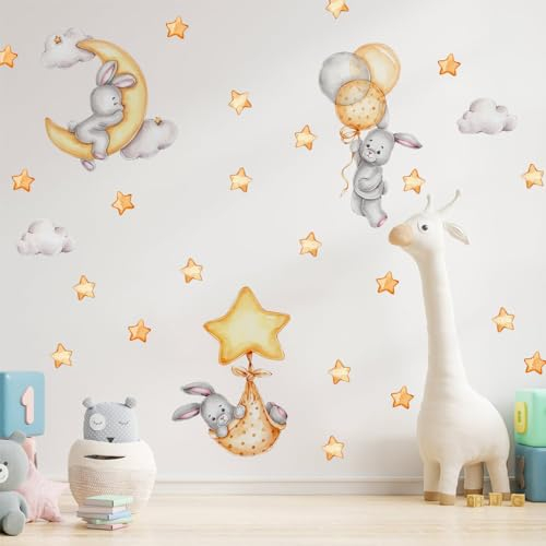 Baby Boo! Wandtattoo Kinderzimmer, Hase auf Mond, Luftballon und Stern, kleine Sterne, Kinderzimmer Deko, Babyzimmer Deko, Sticker Kinderzimmer, Wandaufkleber Kinderzimmer, PVC, Wanddeko (90 x 30 cm)