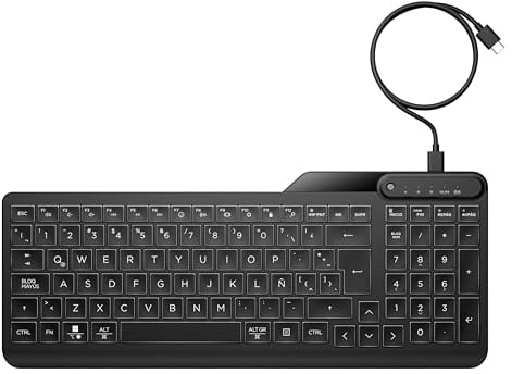 HP 400 Kabelgebundene Tastatur mit Hintergrundbeleuchtung, QWERTY Englisches Layout, 12 programmierbare Tasten, spritzwassergeschützt, USB-C-Kabel mit USB-A-Adapter, schlankes Design, Schwarz