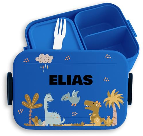 Kinder Bento Box Midi Lunchbox für Mepal Bentobox - Dino - Brotdose Dinosaurier I Jausenbox Dinos I Vesperbox Dinomotive I Dinosaurus - 900 ml - Blau - brotbüchse kindergarten