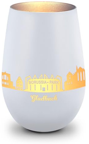 GRAVURZEILE Deko Windlicht aus Glas mit Gravur - Skyline Gladbach - Hochwertige 360° Lasergravur - Dekoratives Geschenk als Andenken, Souvenir oder für Sammler zum Geburtstag - Farbe: Weiß/Silber