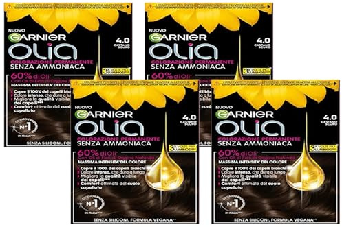 Garnier Olia Tinta Capelli, Colorazione Permanente Senza Ammoniaca, Copre il 100% dei Capelli Bianchi, Con Oli di Fiore di Origine Naturale, Formula Vegana, Castano Scuro (Confezione da 4)