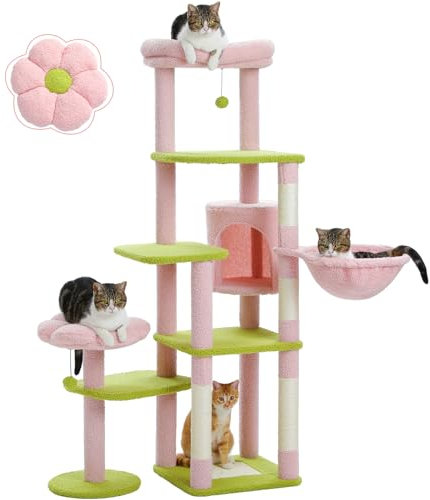 PETEPELA Arbre à chat cactus de 150 cm - Grand arbre à chat pour grand chat - Tour à chat à plusieurs étages - Avec grand hamac, arbre à chat et 2 perchoirs - Vert et rose