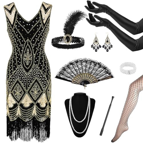 9PCS 20er Jahre Kostüm Damen,Charleston Fransen Kleid,1920er Jahre Damen Flapper,1920er Jahre V-Ausschnitt mit 20er Jahre Accessoires,Halsketten Ohrringe,für 20er Jahre Kleid Party