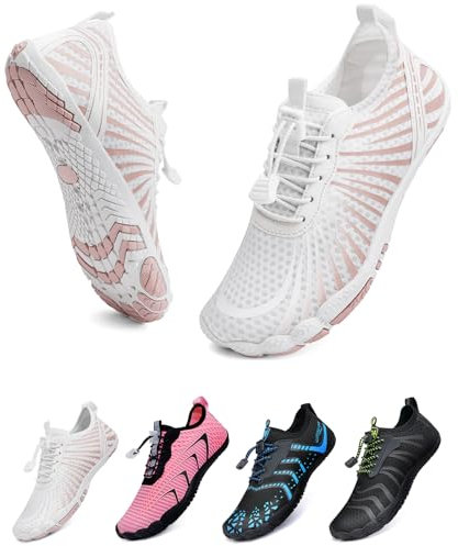 WateLves Unisex Barfußschuhe Damen Herren Wasserschuhe Badeschuhe Schnell Trocknend Weich Traillaufschuhe Fitnessschuhe mit rutschfest Sohle & Breiter Zehenbox(Weiß orange 39)