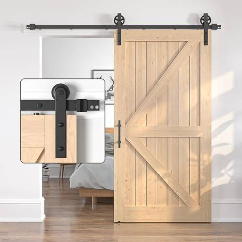 Sankeytew - Kit de porte coulissante simple en bois robuste pour porte coulissante de grange de 213 cm, rail de porte coulissante noire, grande roue