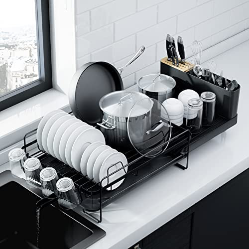 Kitsure Dish Drainer Rack - Extendable Dish Drainer, Multifunctional Dish Rack for Kitchen Counter, Anti-Rust Draining Board Rack with Cutlery & Cup Holders, 67.8cm x 32.7cm x 14.9cm, Black