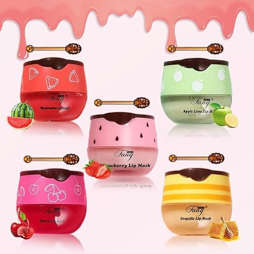 Asheyya 5 PCS Honey Lip Balm, Honey&Strawberry&Apple Lime&Cherry&Watermelon Balm Uk Lips for Moisturizing Prevent Dry Cracked Lip