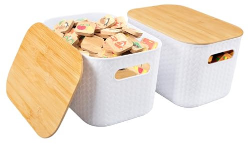 GeluEla 2 PCS Storage Box with Bamboo Lids, Plastic Storage Baskets With Bamboo Lid, Storage Bin with Handle,Stackable Storage Baskets for Shelves Kitchen Bathroom Toy Organiser (White)