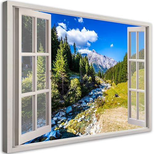Feeby Leinwandbilder - Canvas - Fensterblick Berge Natur Landschaft - Deko Wohnzimmer 90x60 1tlg - Wandbilder Schlafzimmer - Aesthetic Room Decor - Wanddeko - Bild auf Vlies Leinwand - Gespannd