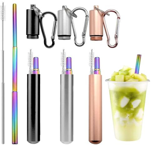 Lot de 3 pailles à cocktail réutilisables, paille télescopique Kynup en acier inoxydable avec Pailles réutilisables en acier inoxydable télescopiques 10-22,5 cm + argenté
