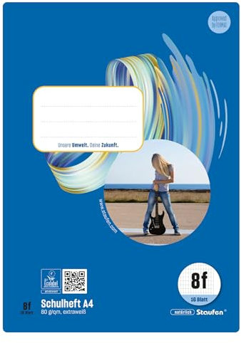 Staufen Style Schulheft - 10 Hefte je 16 Blatt, DIN A4, Lineatur 8f (5x9 mm rautiert mit Rand), 80 g/m² Papier