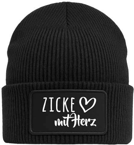 Huuraa Beanie Zicke mit Herz Geschenk | Black Geschenkidee Schwarze Rippstrick Wintermütze mit austauschbarem Klett Patch