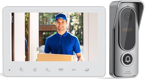 Jeatone Video Türsprechanlage 4-Draht, Türsprechanlage mit Kamera, 7 Monitor mit kabelgebundener Türklingel, Nachtsichtgerät, Live-Ansicht und Konversation, Entsperren durch Monitor, Video Türklingel