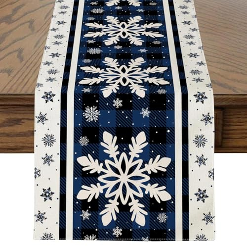 Sungeek Weihnachten Tischläufer, Weihnachtstischdecke Küche Esstisch Dekoration Tischläufer für Drinnen und Draußen Party Wohnzimmer Garten Weihnachtsdeko (40x240 cm, Buffalo Plaid Schneeflocke Blau)