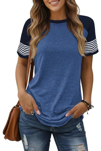 Cuptacc Tshirt Damen Rundhals Farbblock Streifen Casual Locker Kurzarm Top | Streifen,Farbblock,Rundhals,Locker,Bequem,Elegant,Modisch,Leicht,Weich,Stilvoll,Trendy,Klassisch,Alltag