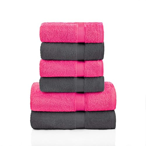 etérea Carli Frottee Handtücher Set - 100% Baumwolle - Oekotex 500 GSM - 6 TLG - 2X Duschtuch 70x140 + 4X Handtuch 50x100 - Bath Towel Frottiertücher - Graphit - Pink