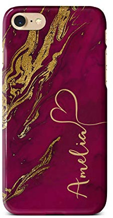 iCaseDesigner Personalised Marble Glitter Flowing Name with Heart Phone Case for Apple iPhone 7+ / 8+ Plus - 15. Maroon Marble with Faux Gold Swirls Vertical Name