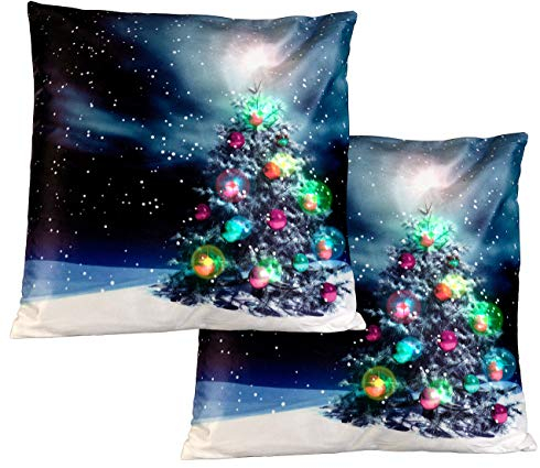 infactory Sofa Kissen: 2er-Set Deko-Weihnachtskissen Tannenbaum mit LEDs, 45 x 45 cm (Dekokissen Winter, Zierkissen, Weihnachten)