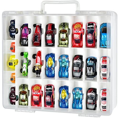 FULLCASE Double Sided Toy Storage Organizer Case Age 6+ for Hot Wheels Car, for Matchbox Cars, Mini Toys, Small Dolls. Carrying Box Container Carrier with 48 Compartments. (Box Only)