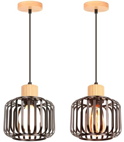 iDEGU 2 Piezas Lámparas Colgantes Vintage 18cm Lámpara de Techo Industrial en Madera y Metal Jaula E27 Iluminación de Techo Retro Luz Colgante para Dormitorio Salón Cocina Comedor Cafetería (Negro)