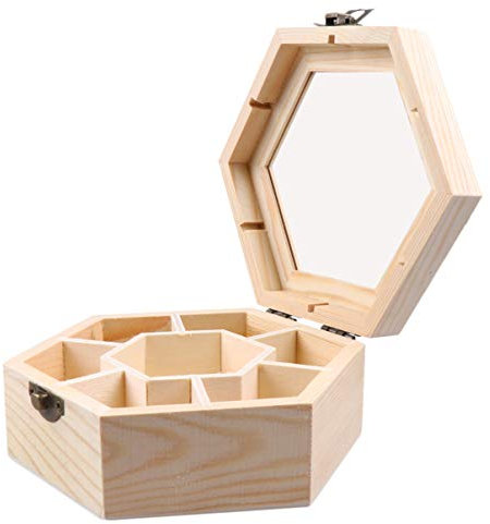 Milisten Craft Organizer Box Unfinished Wooden Jewelry Box Hexagon Jewelry Organizer Box Trinket Box Treasure Storage Box with 7 Compartments for Bracelet Necklace Clear Ring Box