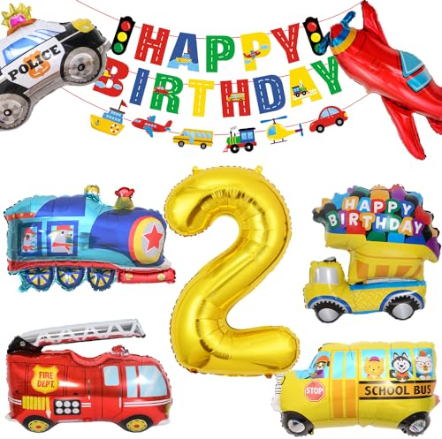 Decorazioni di Compleanno Party, Palloncino Compleanno Ragazzo, Compleanno di Palloncino di Costruzione,Veicoli Trasporto Tema Buon Compleanno Banner Fire Camion Treno Truck Palloncini