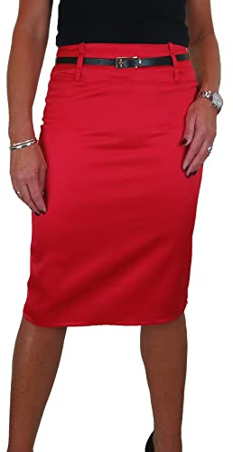 icecoolfashion Women's Satin Below Knee Bodycon Pencil Skirt Red (20)