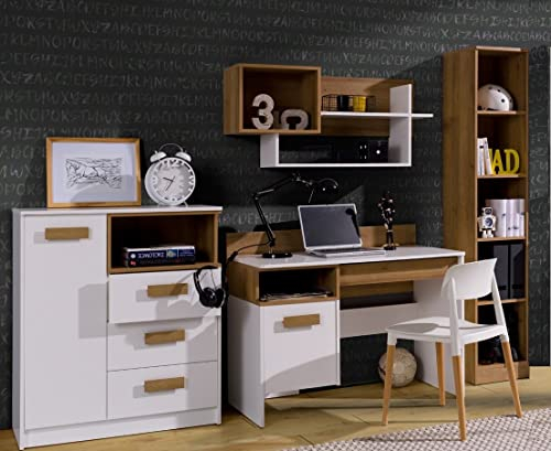 Marmex Kinderzimmer Komplettes Set Grant 3, im Set: Schreibtisch G2, Schmales bücherregal G7, Wandregal G3, Kommode mit Schubladen G4 - Farbe Weiß + Riviera Eiche