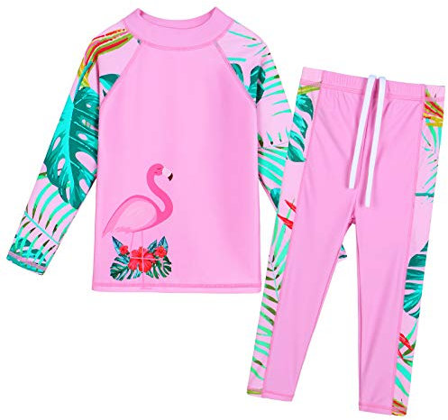 ZNYUNE Girls 2PCS Leaves Printed Swimwear Long Sleeve Swimsuit Set Kids Bathing Suit Swimming Costume for Age 3 to 10 Years S301 FlamingoPink 4A
