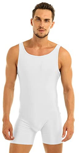 dPois Herren Ärmellos Body Overall Jumpsuit Elastisch Unterhemd Sport Body Leotard Männer Bodysuit Boxershorts Unterwäsche Gymnastikanzug Sportwear M-XL Weiß M