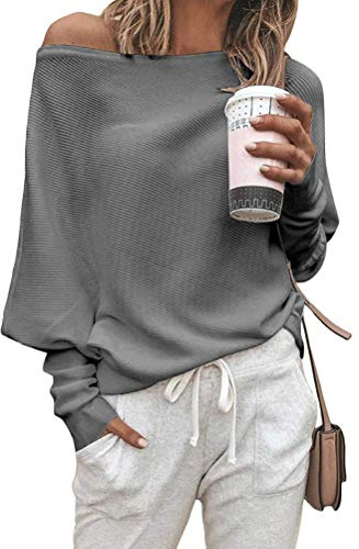 ORANDESIGNE Grau Damen Langarm Schulterfrei Jumper Lose Sweatshirt Pullover Oberteil Tops Hemd Oversize B Grau 40