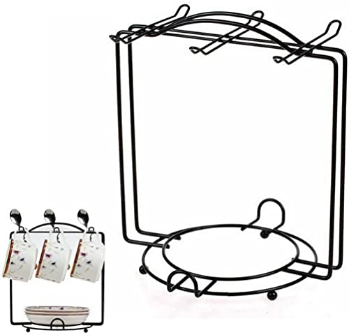 2 in 1 Tea Cup Holder Stand with Saucer Holder Stainless Steel Mug Tree Rack for 6 Mugs Metal Wire Coffee Cup Rack Stand for Cafe Kitchen Counter - Black