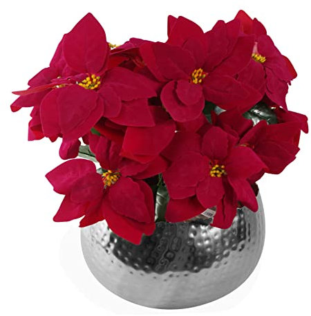 Leaf Stella di Natale artificiale rossa 40 cm pianta d'appartamento in vaso, seta, grande bordo curvo argento