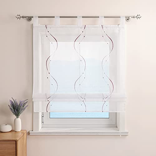 ESLIR Raffrollo mit Schlaufen Gardinen Küche Bestickt Raffgardinen Voile Transparent Schlaufenrollo Modern Vorhänge mit Wellen Stickerei Violett BxH 120x140cm 1 Stück