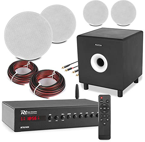 Power Dynamics Smart WiFi Ceiling Speaker System with Bluetooth, 10 Active Subwoofer & WiFi Amplifier - Wireless Home Audio Kit, 4x FCS5 Low-Profile Speakers for Multi Room Streaming